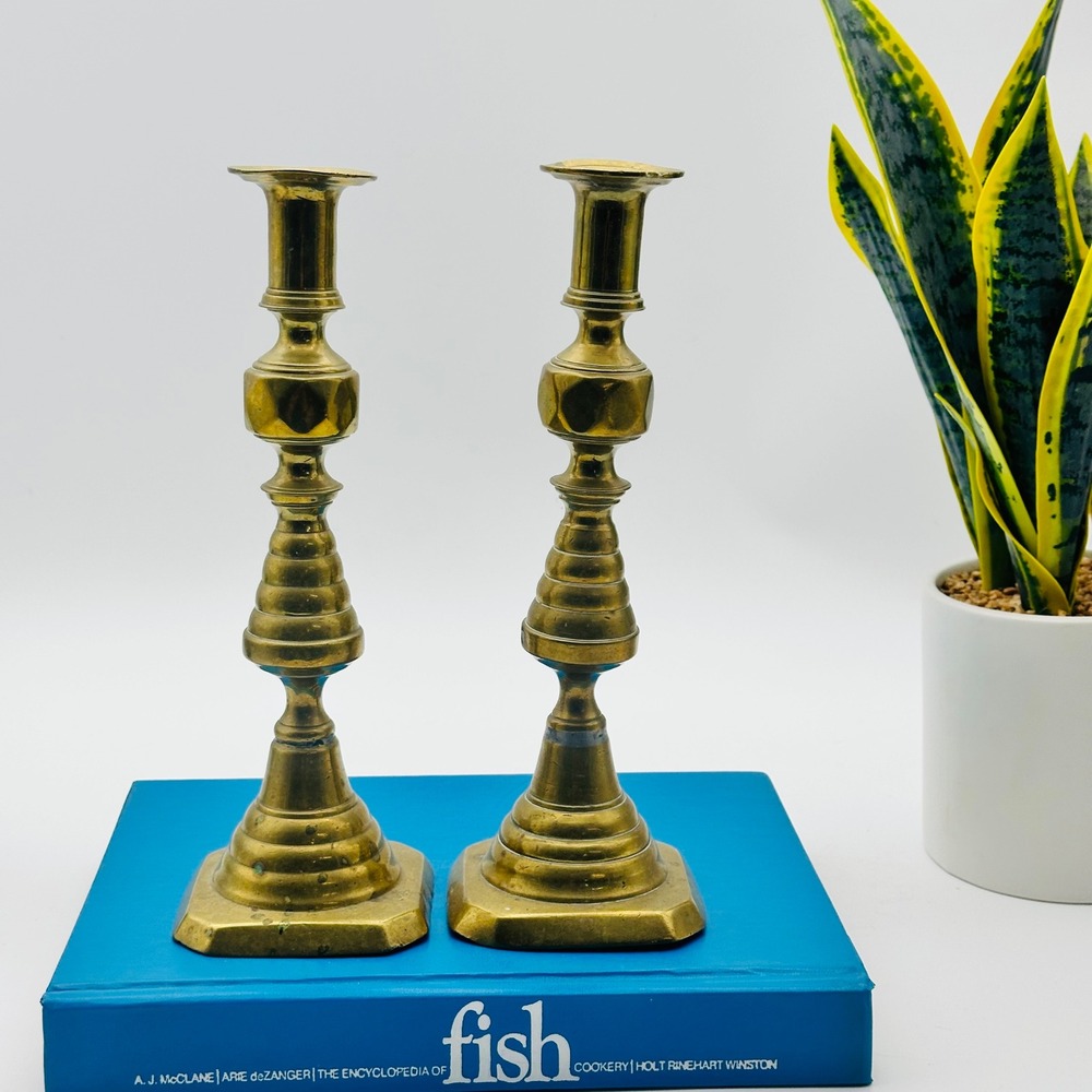 Vintage Brass Candlesticks Pair Heavy Octagonal Base 10.5 Inch